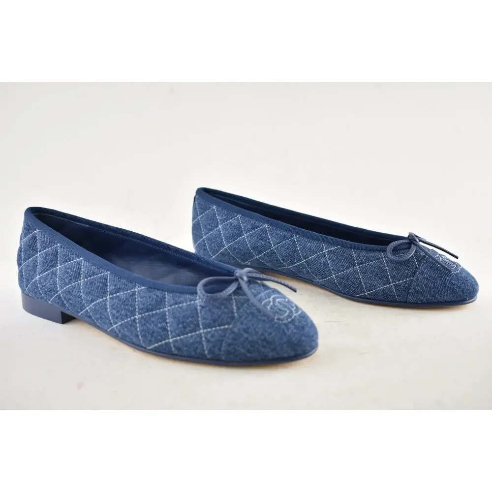 Chanel 26P Washed Denim Blue Quilted CC Logo Bow Tie Ballet Ballerina Flat 38 - Picture 4 of 16